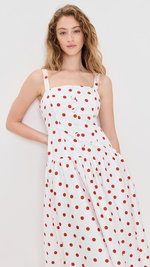 Fashionable Square Neckline Button Placket Open Back Mid-Waist Polka-Dot Print Dress