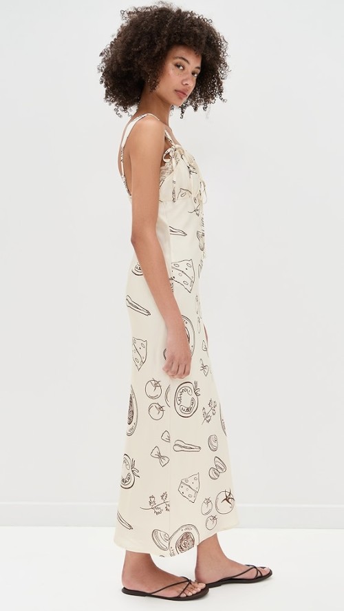 Sample Cute V-Neck Camisole Lace Trim Slim Cut Out Pasta Print Casual Dress