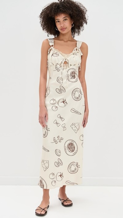 Sample Cute V-Neck Camisole Lace Trim Slim Cut Out Pasta Print Casual Dress