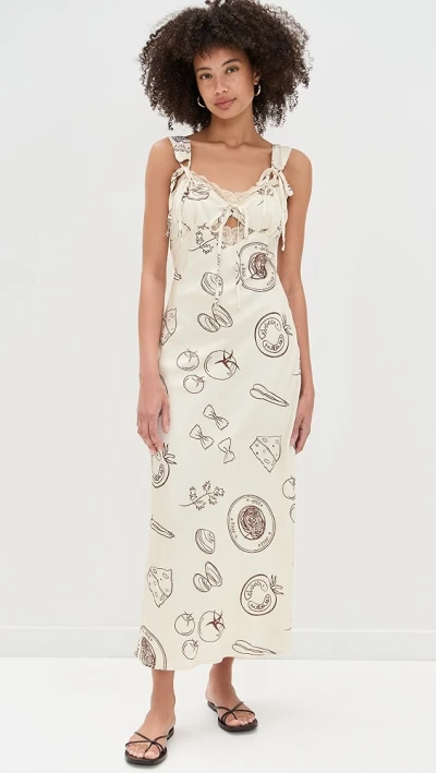 Sample Cute V-Neck Camisole Lace Trim Slim Cut Out Pasta Print Casual Dress