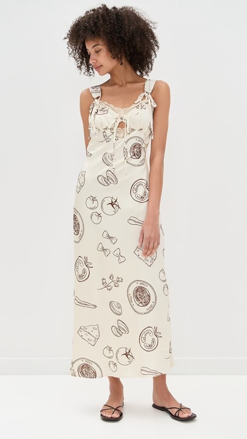 Sample Cute V-Neck Camisole Lace Trim Slim Cut Out Pasta Print Casual Dress