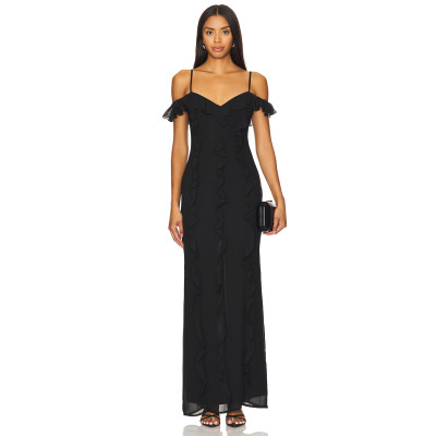 Hot Sale Elegant Romantic Stylish Backless Spaghetti Strap Ruffled Maxi Black Dress