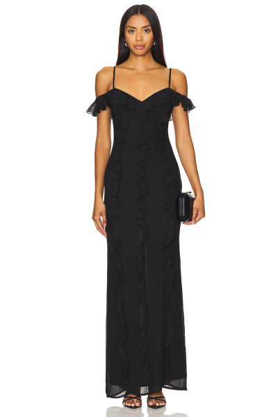 Hot Sale Elegant Romantic Stylish Backless Spaghetti Strap Ruffled Maxi Black Dress