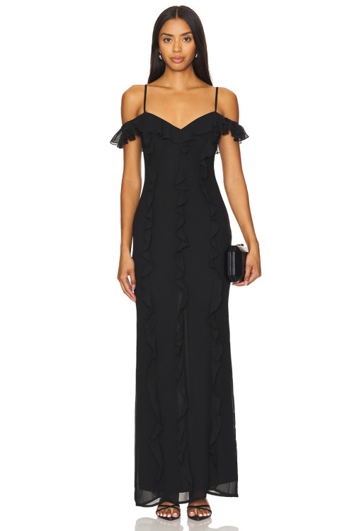 Hot Sale Elegant Romantic Stylish Backless Spaghetti Strap Ruffled Maxi Black Dress