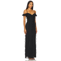 Hot Sale Elegant Romantic Stylish Backless Spaghetti Strap Ruffled Maxi Black Dress