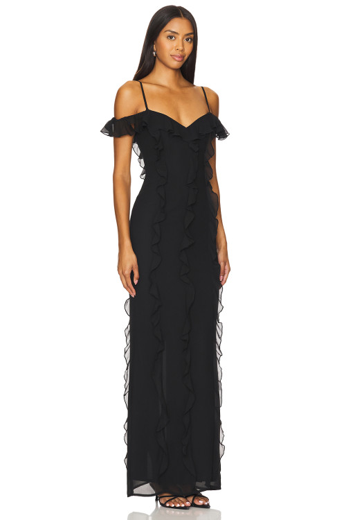 Hot Sale Elegant Romantic Stylish Backless Spaghetti Strap Ruffled Maxi Black Dress