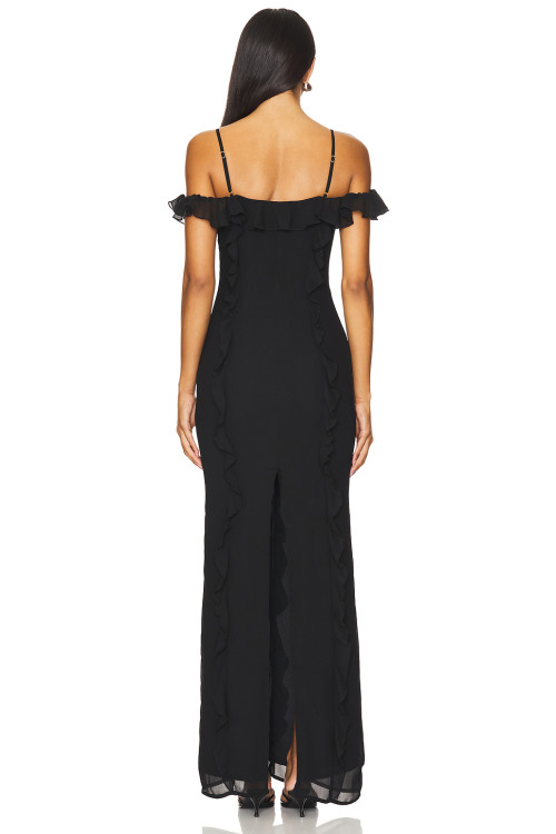 Hot Sale Elegant Romantic Stylish Backless Spaghetti Strap Ruffled Maxi Black Dress