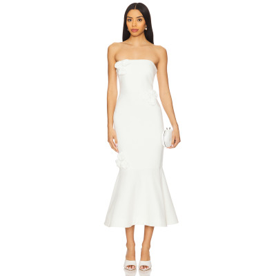 Elegant Strapless Three Dimensional Flower Embellishments Mermaid Silhouette  Midi Dress