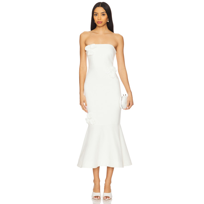 Elegant Strapless Three Dimensional Flower Embellishments Mermaid Silhouette  Midi Dress