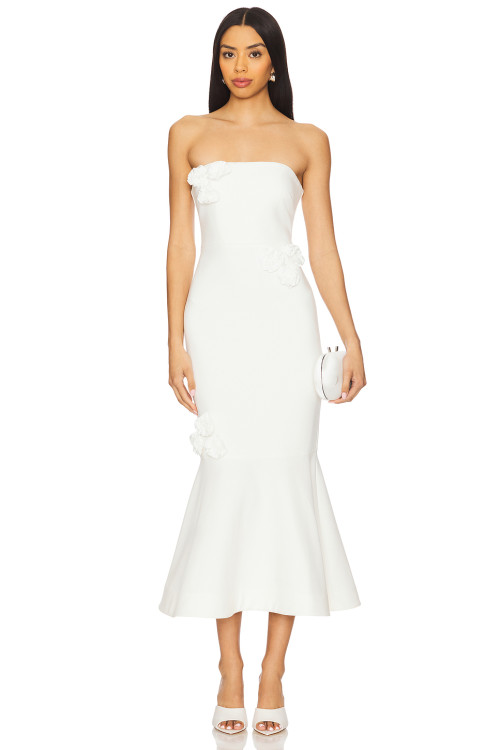 Elegant Strapless Three Dimensional Flower Embellishments Mermaid Silhouette  Midi Dress