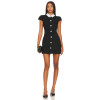 Elegant Black White Turn Down Collar Tweed Sheath Rhinestone Buttons Women Mini Dress