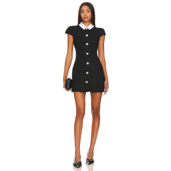 Elegant Black White Turn Down Collar Tweed Sheath Rhinestone Buttons Women Mini Dress