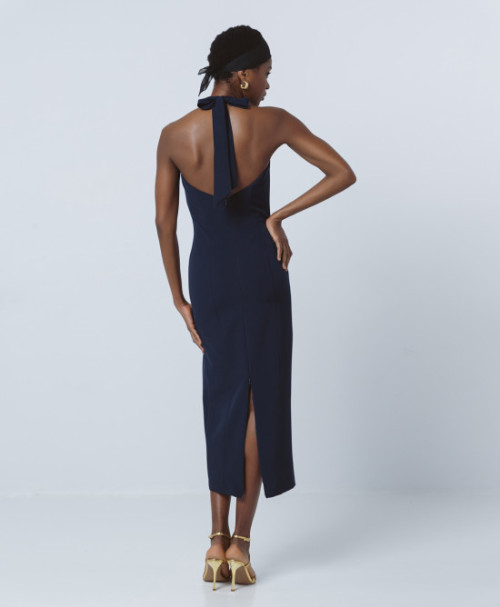 Elegant Women's V-Neckline Halter Open Back Slit Hip Wrap Solid Color Casual Dress