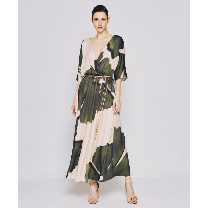 Customized High Quality V-Neck Tie Waist Irregular Pattern Print Midi Casual Dress