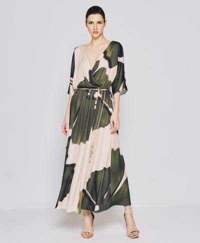 Customized High Quality V-Neck Tie Waist Irregular Pattern Print Midi Casual Dress