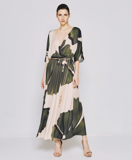 Customized High Quality V-Neck Tie Waist Irregular Pattern Print Midi Casual Dress