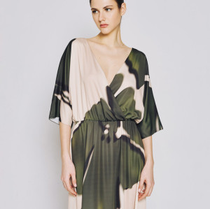 Customized High Quality V-Neck Tie Waist Irregular Pattern Print Midi Casual Dress