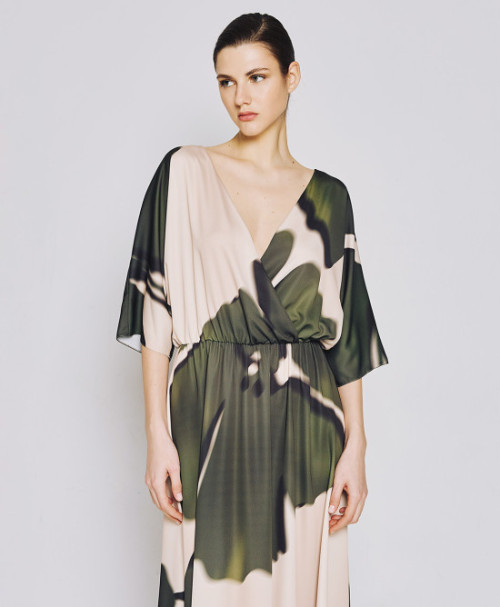 Customized High Quality V-Neck Tie Waist Irregular Pattern Print Midi Casual Dress
