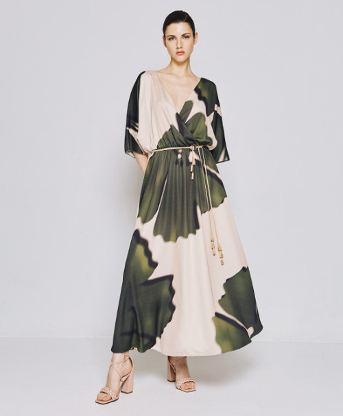 Customized High Quality V-Neck Tie Waist Irregular Pattern Print Midi Casual Dress