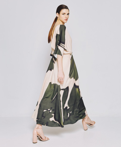 Customized High Quality V-Neck Tie Waist Irregular Pattern Print Midi Casual Dress