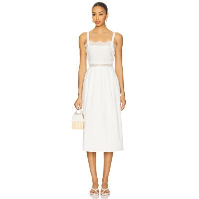 Sling Style Medium Weight Poplin Fabric Lace Trims Back Bow Tie White Women Midi Dress