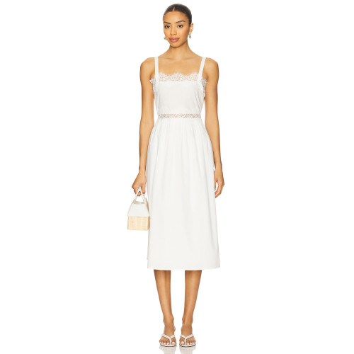Sling Style Medium Weight Poplin Fabric Lace Trims Back Bow Tie White Women Midi Dress