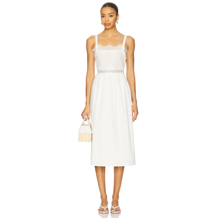 Sling Style Medium Weight Poplin Fabric Lace Trims Back Bow Tie White Women Midi Dress