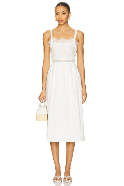Sling Style Medium Weight Poplin Fabric Lace Trims Back Bow Tie White Women Midi Dress
