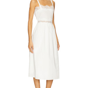 Sling Style Medium Weight Poplin Fabric Lace Trims Back Bow Tie White Women Midi Dress