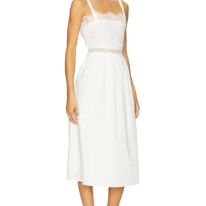 Sling Style Medium Weight Poplin Fabric Lace Trims Back Bow Tie White Women Midi Dress