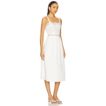 Sling Style Medium Weight Poplin Fabric Lace Trims Back Bow Tie White Women Midi Dress