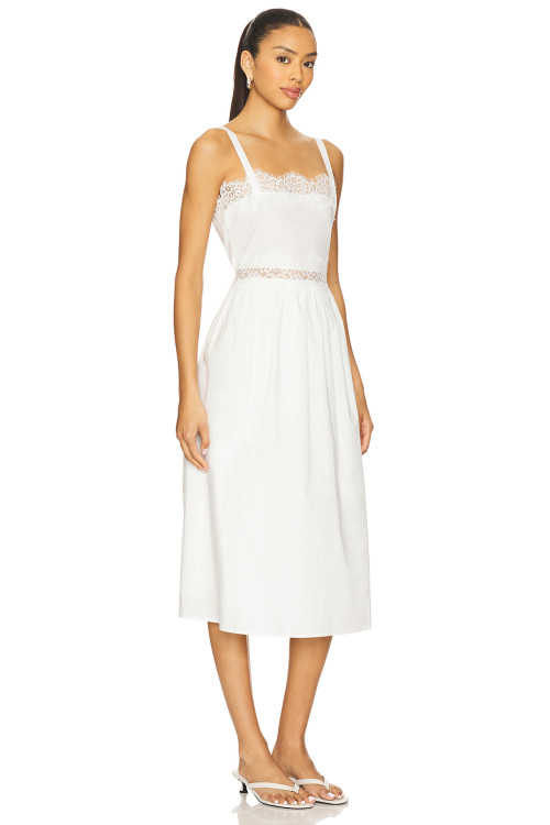 Sling Style Medium Weight Poplin Fabric Lace Trims Back Bow Tie White Women Midi Dress