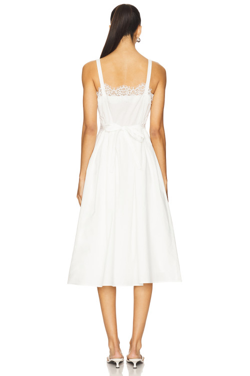 Sling Style Medium Weight Poplin Fabric Lace Trims Back Bow Tie White Women Midi Dress