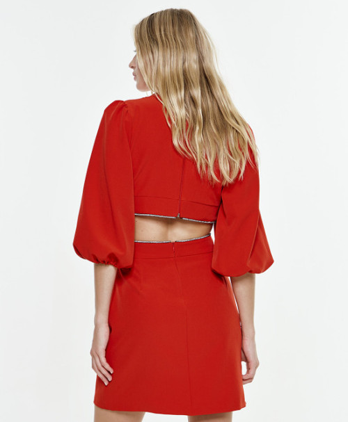 Fashionable V-Neck Puffed Sleeves 3/4 With Elastic Cuffs Cut Out High Waist Dress