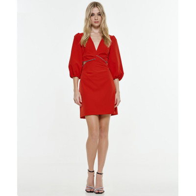 Fashionable V-Neck Puffed Sleeves 3/4 With Elastic Cuffs Cut Out High Waist Dress