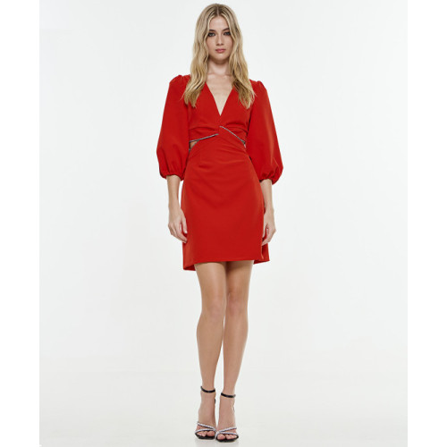 Fashionable V-Neck Puffed Sleeves 3/4 With Elastic Cuffs Cut Out High Waist Dress