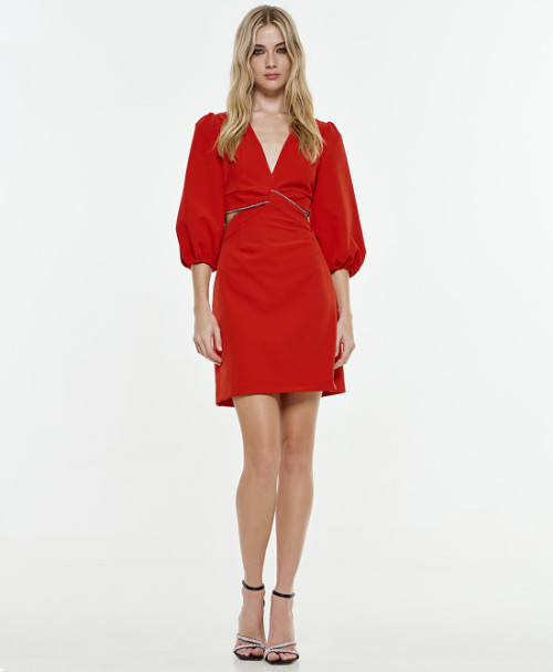 Fashionable V-Neck Puffed Sleeves 3/4 With Elastic Cuffs Cut Out High Waist Dress