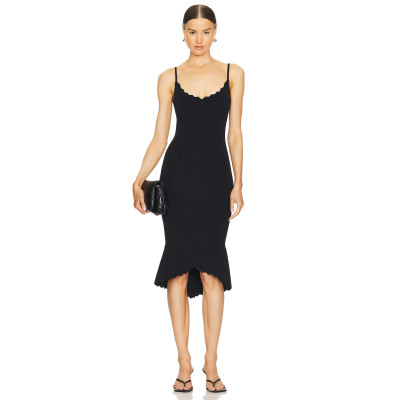 Elegant Black Knitted Sling Style Scalloped Neckline Hem Open back Design Dress for Women
