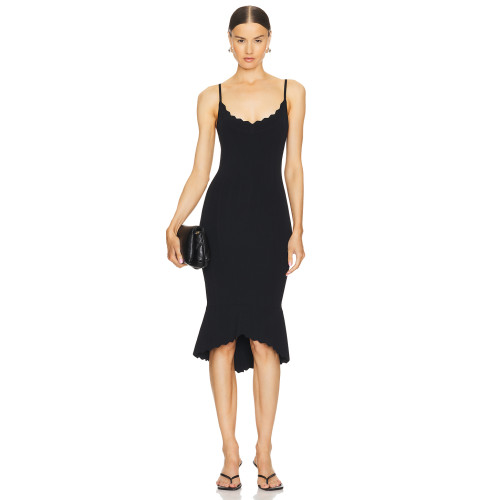 Elegant Black Knitted Sling Style Scalloped Neckline Hem Open back Design Dress for Women