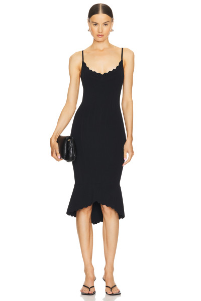 Elegant Black Knitted Sling Style Scalloped Neckline Hem Open back Design Dress for Women