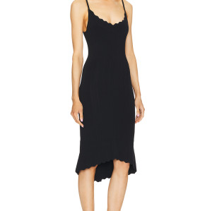 Elegant Black Knitted Sling Style Scalloped Neckline Hem Open back Design Dress for Women