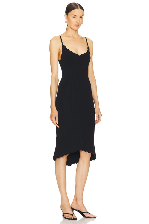 Elegant Black Knitted Sling Style Scalloped Neckline Hem Open back Design Dress for Women