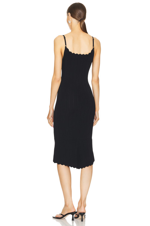 Elegant Black Knitted Sling Style Scalloped Neckline Hem Open back Design Dress for Women
