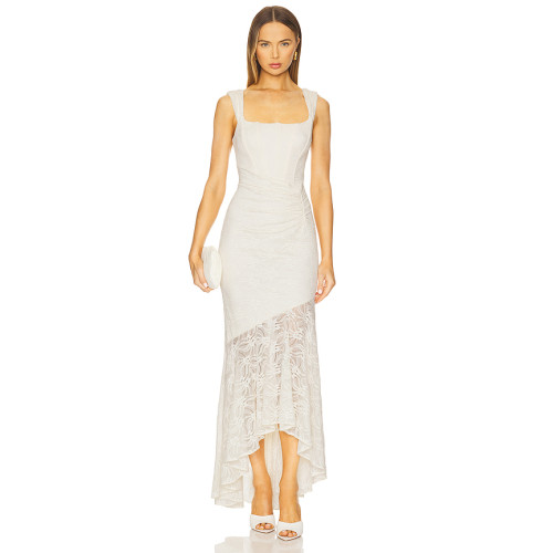 Hot Sale Elegant White Square Neckline Lace Pleated Design Asymmetric Hem Women Long Dress