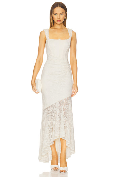 Hot Sale Elegant White Square Neckline Lace Pleated Design Asymmetric Hem Women Long Dress