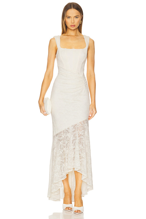 Hot Sale Elegant White Square Neckline Lace Pleated Design Asymmetric Hem Women Long Dress