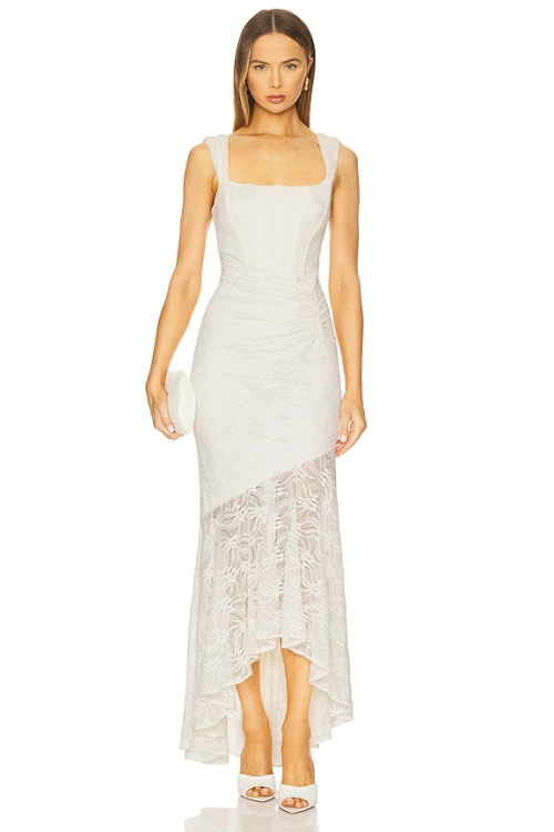 Hot Sale Elegant White Square Neckline Lace Pleated Design Asymmetric Hem Women Long Dress