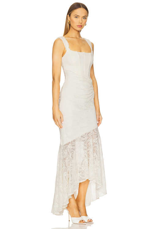 Hot Sale Elegant White Square Neckline Lace Pleated Design Asymmetric Hem Women Long Dress