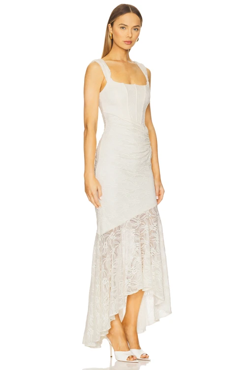 Hot Sale Elegant White Square Neckline Lace Pleated Design Asymmetric Hem Women Long Dress