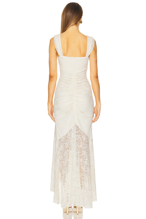 Hot Sale Elegant White Square Neckline Lace Pleated Design Asymmetric Hem Women Long Dress